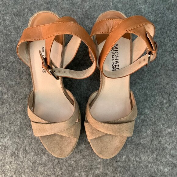 Michael Michael Kors Brown Tan Leather Suede Ankle Strap Peep Toe Wedge Sandals - Picture 7 of 12